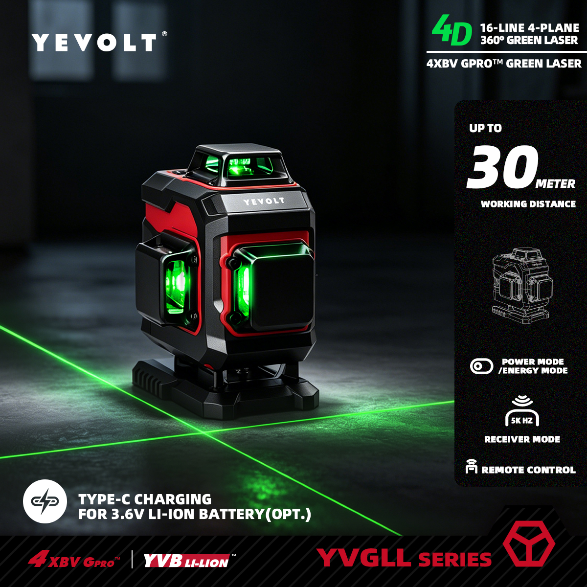Power Tools Green - YEVOLT YVGLL4XS16 16 Lines 4-Plane Green