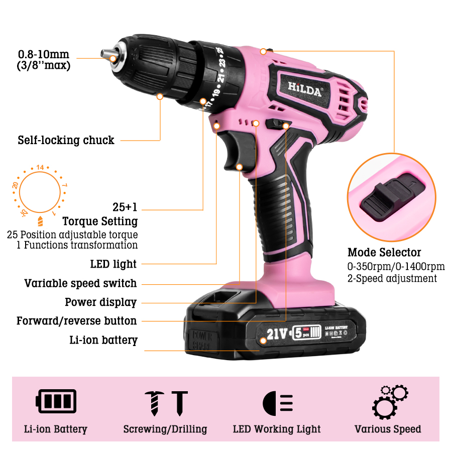 HILDA 21V Pink Drill Electric  – Power Tools Pink recenzja i cena